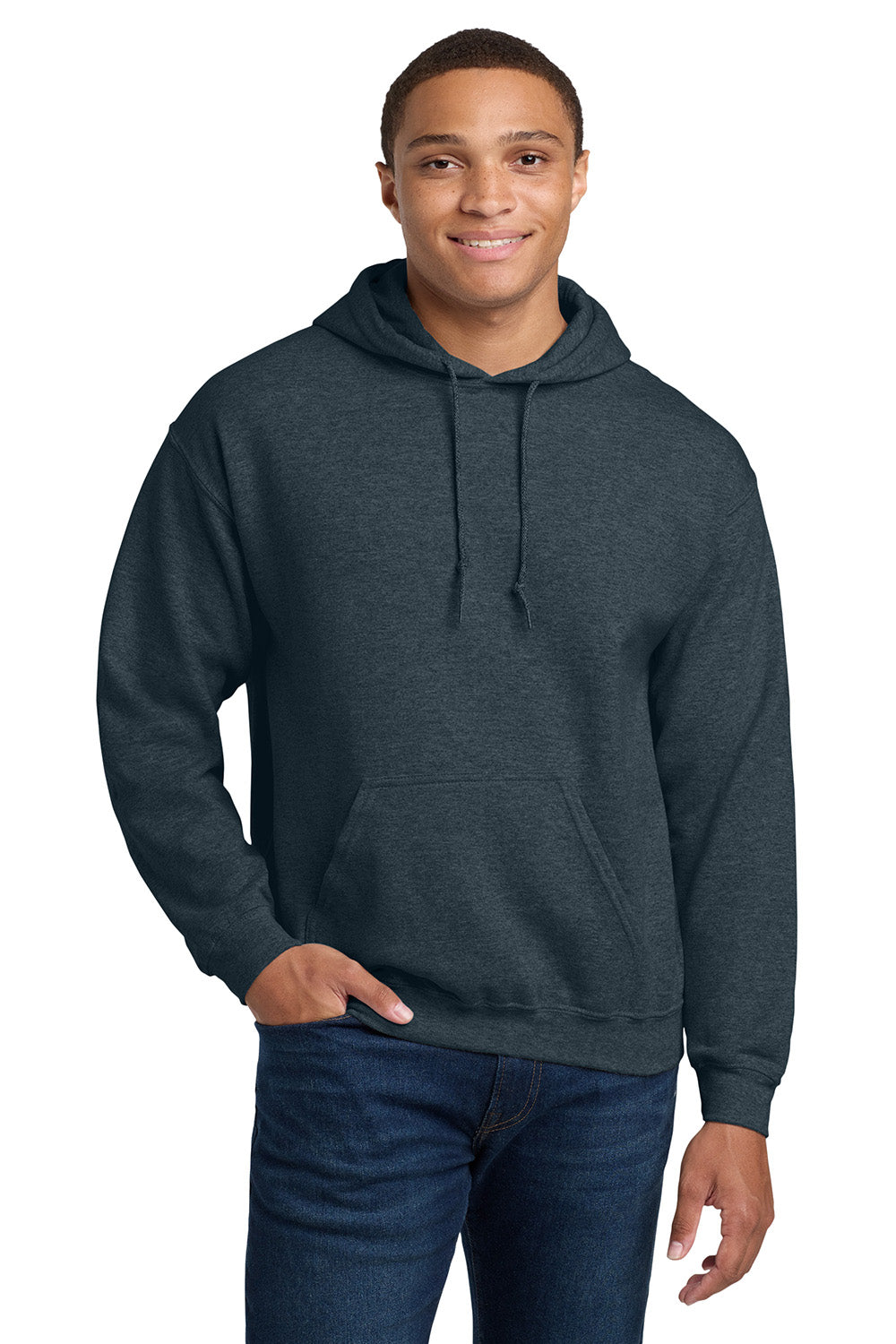 Gildan 18500/G185 Mens Pill Resistant Hooded Sweatshirt Hoodie w/ Pouch Pocket Heather Dark Grey Model Front