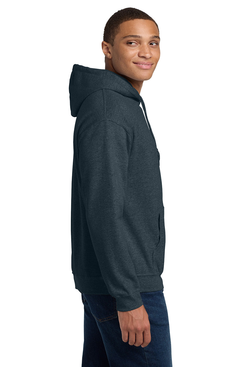 Gildan 18500/G185 Mens Pill Resistant Hooded Sweatshirt Hoodie w/ Pouch Pocket Heather Dark Grey Model Side