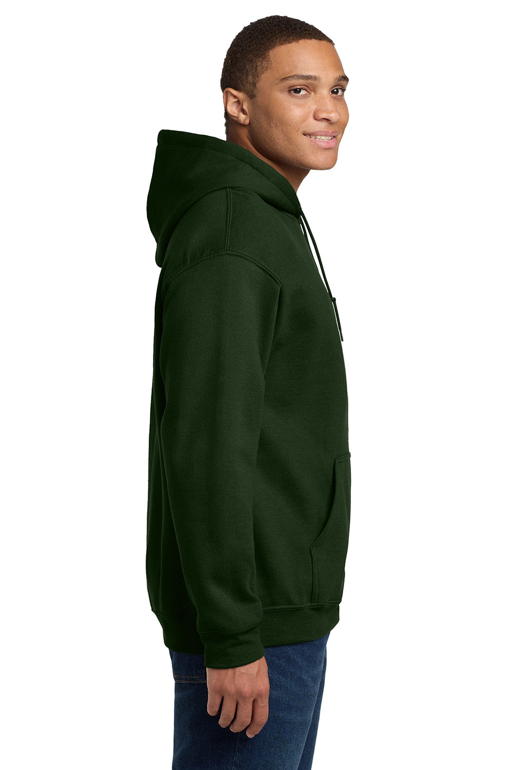 Gildan 18500/G185 Mens Pill Resistant Hooded Sweatshirt Hoodie w/ Pouch Pocket Forest Green Model Side