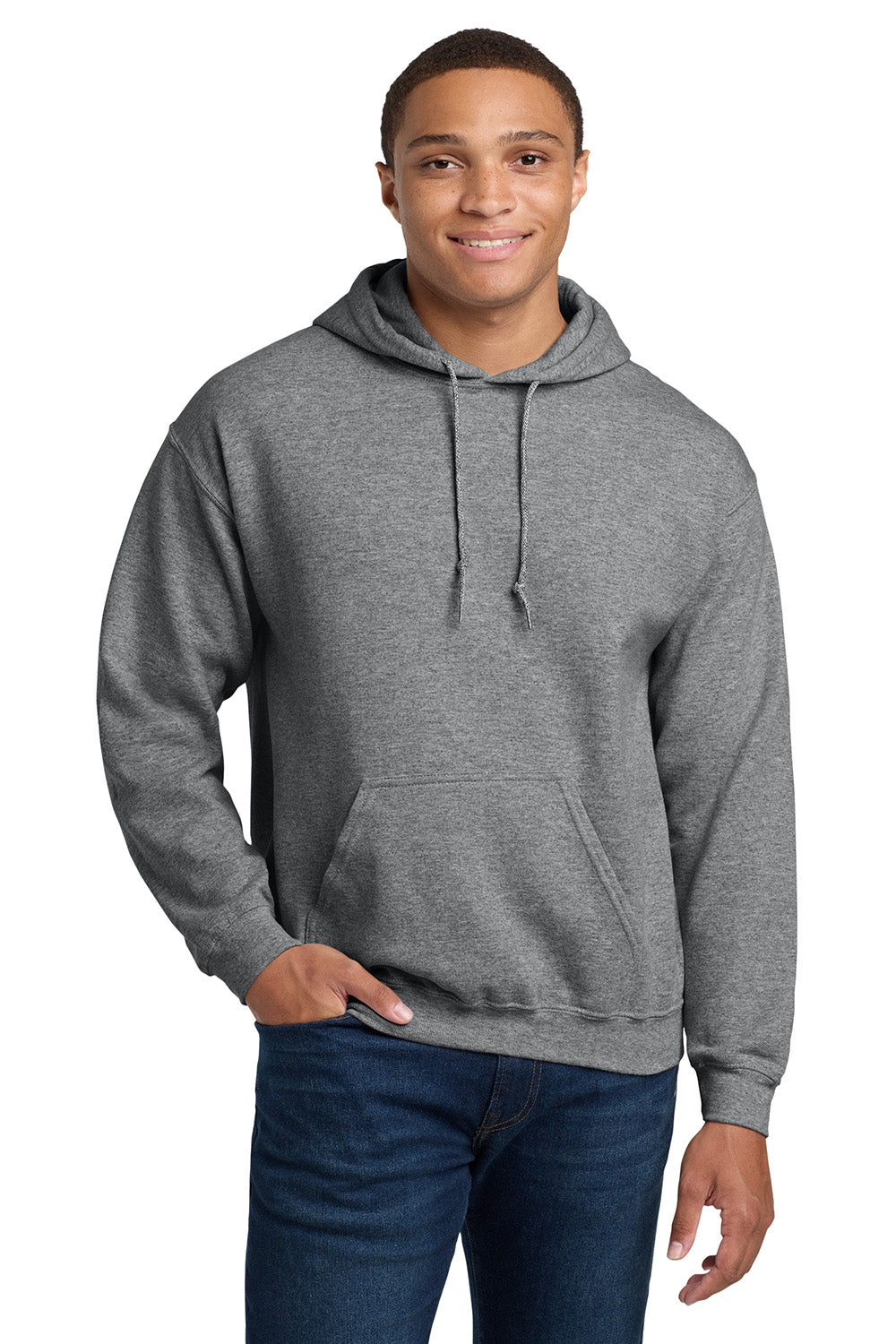 Gildan 18500/G185 Mens Pill Resistant Hooded Sweatshirt Hoodie w/ Pouch Pocket Heather Graphite Grey Model Front