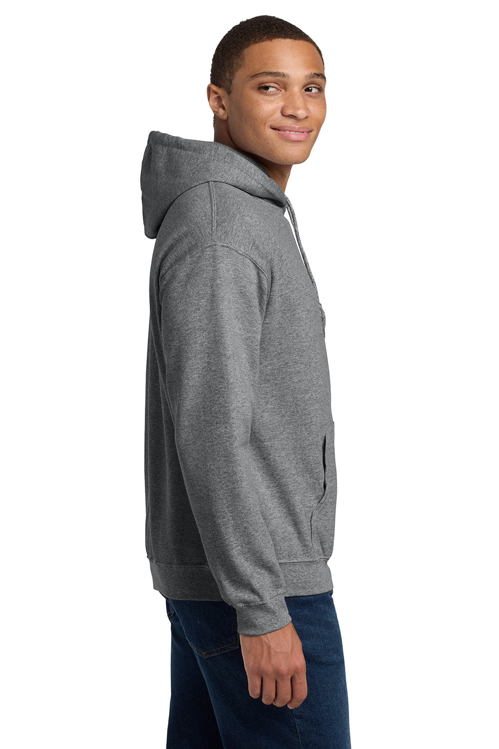 Gildan 18500/G185 Mens Pill Resistant Hooded Sweatshirt Hoodie w/ Pouch Pocket Heather Graphite Grey Model Side