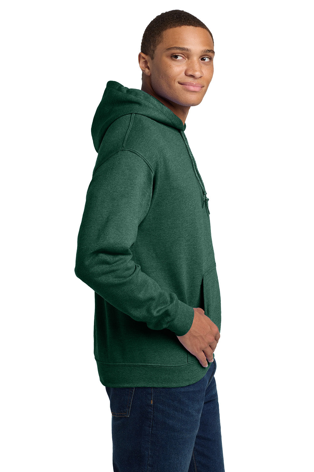 Gildan 18500/G185 Mens Pill Resistant Hooded Sweatshirt Hoodie w/ Pouch Pocket Heather Dark Green Model Side