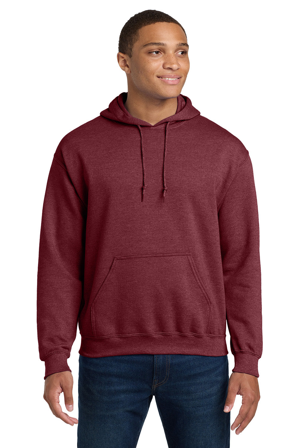 Gildan 18500/G185 Mens Pill Resistant Hooded Sweatshirt Hoodie w/ Pouch Pocket Heather Dark Maroon Model Front