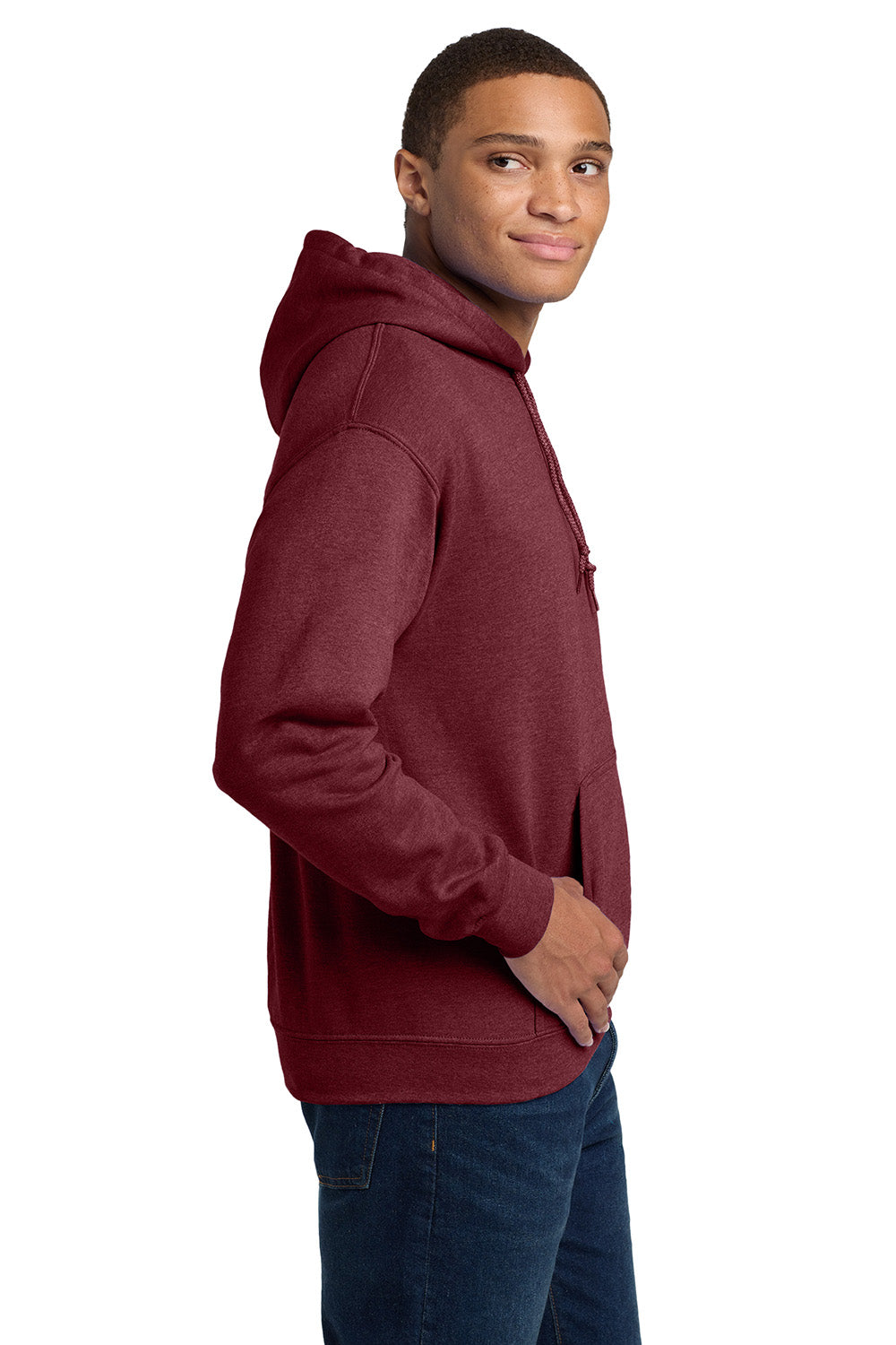 Gildan 18500/G185 Mens Pill Resistant Hooded Sweatshirt Hoodie w/ Pouch Pocket Heather Dark Maroon Model Side