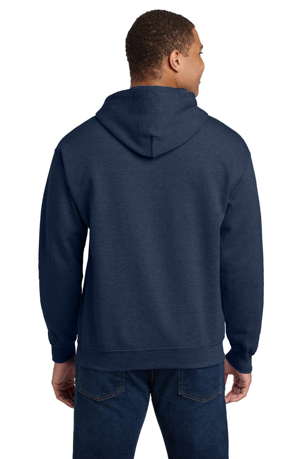 Gildan 18500/G185 Mens Pill Resistant Hooded Sweatshirt Hoodie w/ Pouch Pocket Heather Dark Navy Blue Model Back