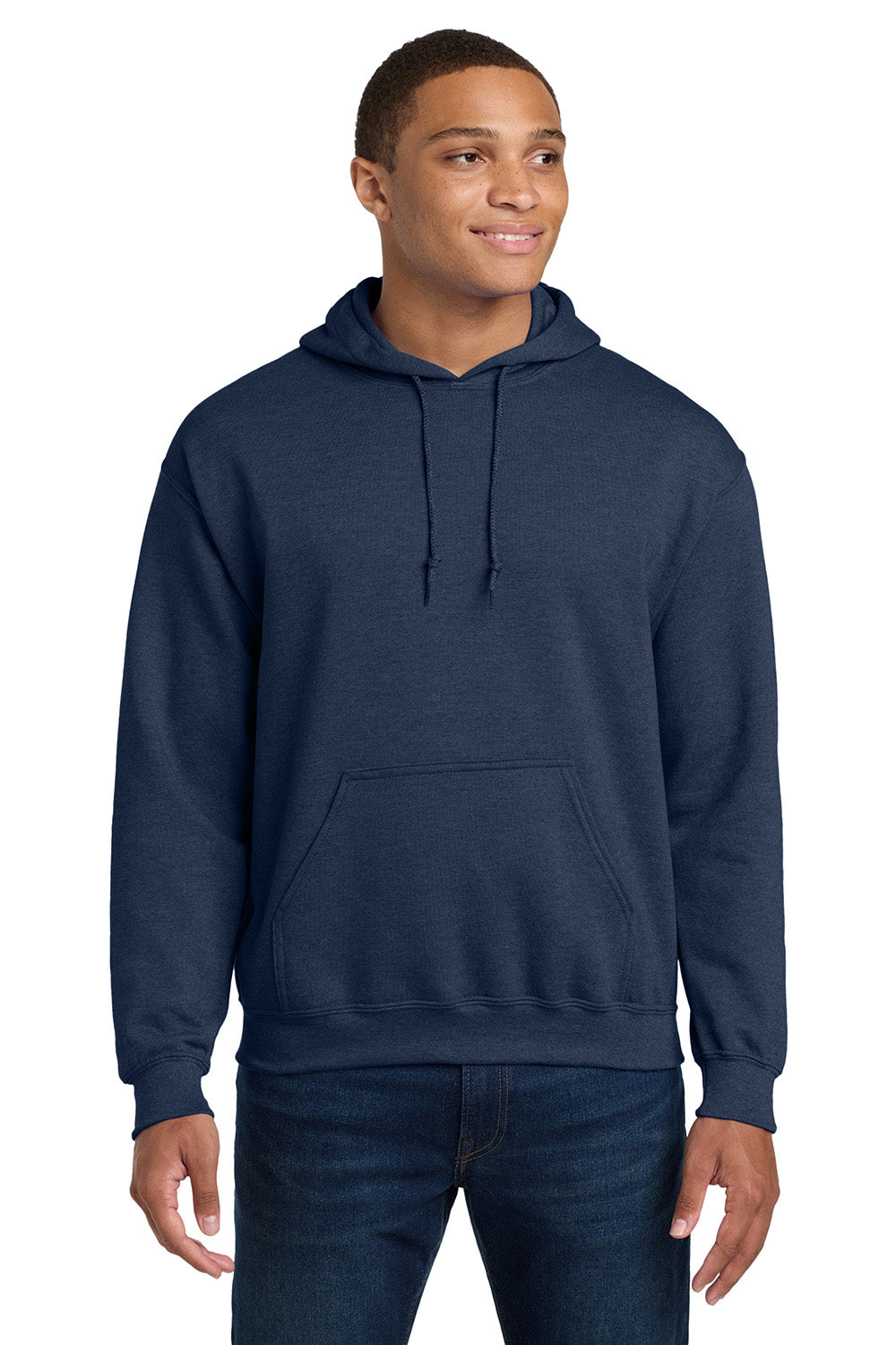 Gildan 18500/G185 Mens Pill Resistant Hooded Sweatshirt Hoodie w/ Pouch Pocket Heather Dark Navy Blue Model Front