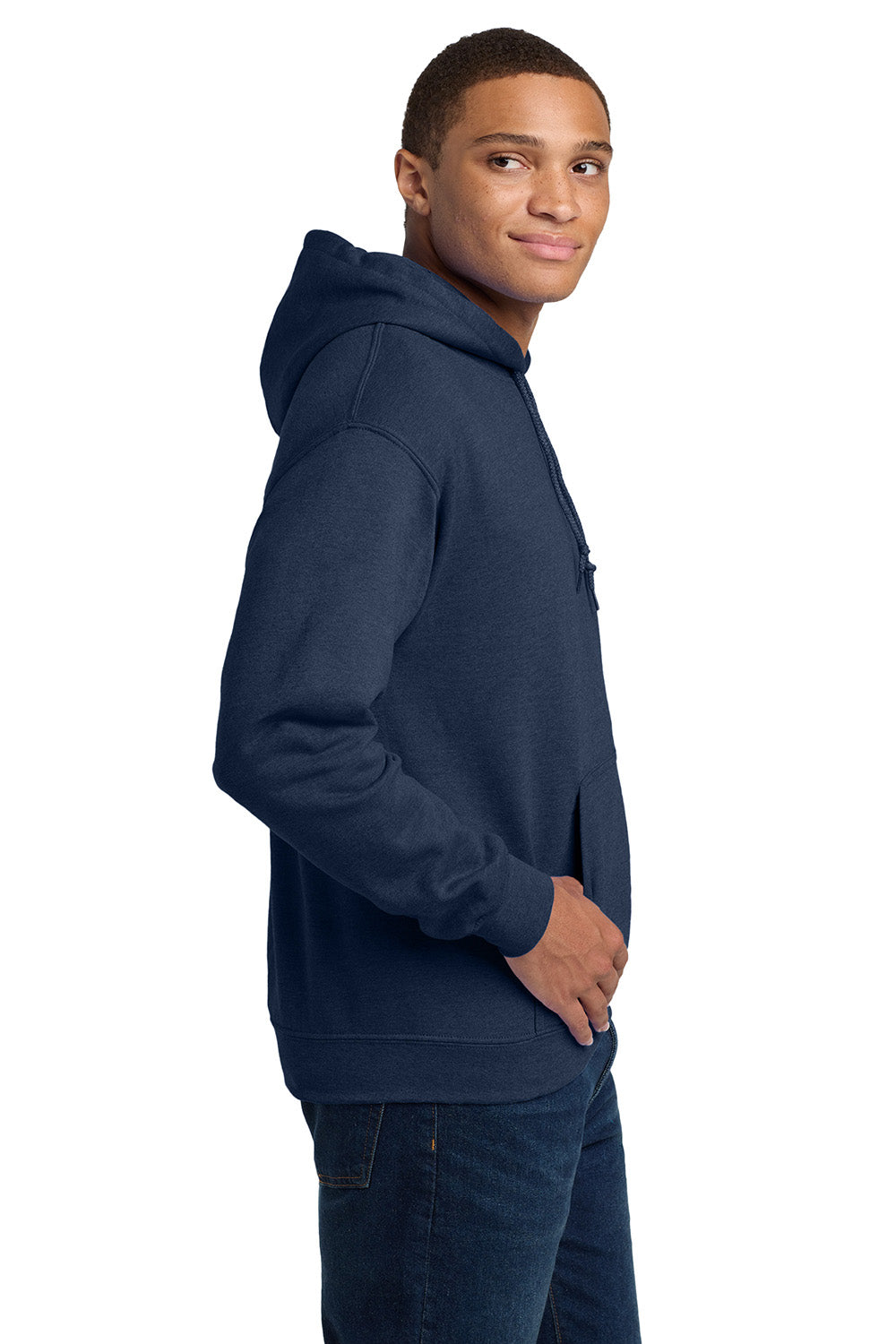 Gildan 18500/G185 Mens Pill Resistant Hooded Sweatshirt Hoodie w/ Pouch Pocket Heather Dark Navy Blue Model Side