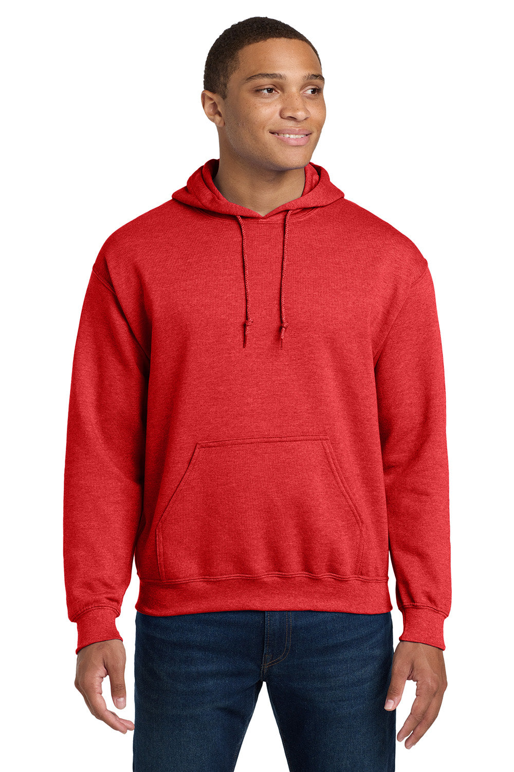 Gildan 18500/G185 Mens Pill Resistant Hooded Sweatshirt Hoodie w/ Pouch Pocket Heather Scarlet Red Model Front