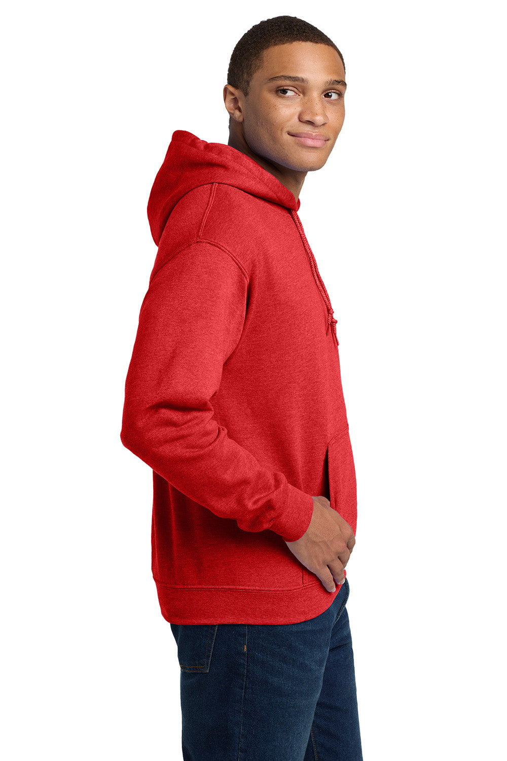 Gildan 18500/G185 Mens Pill Resistant Hooded Sweatshirt Hoodie w/ Pouch Pocket Heather Scarlet Red Model Side