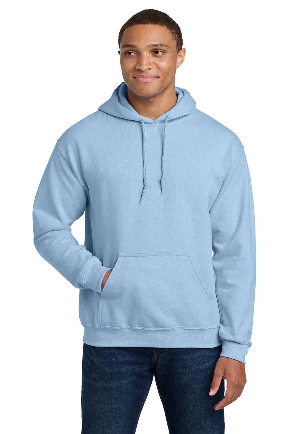 Gildan 18500/G185 Mens Pill Resistant Hooded Sweatshirt Hoodie w/ Pouch Pocket Light Blue Model Front