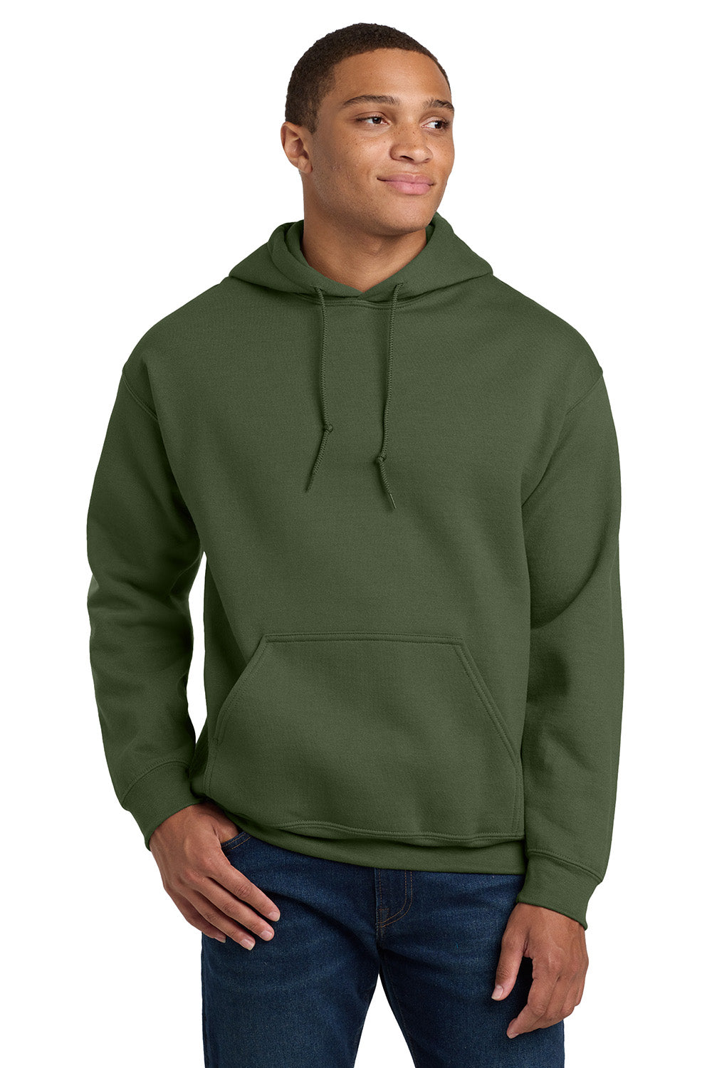 Gildan 18500/G185 Mens Pill Resistant Hooded Sweatshirt Hoodie w/ Pouch Pocket Military Green Model Front