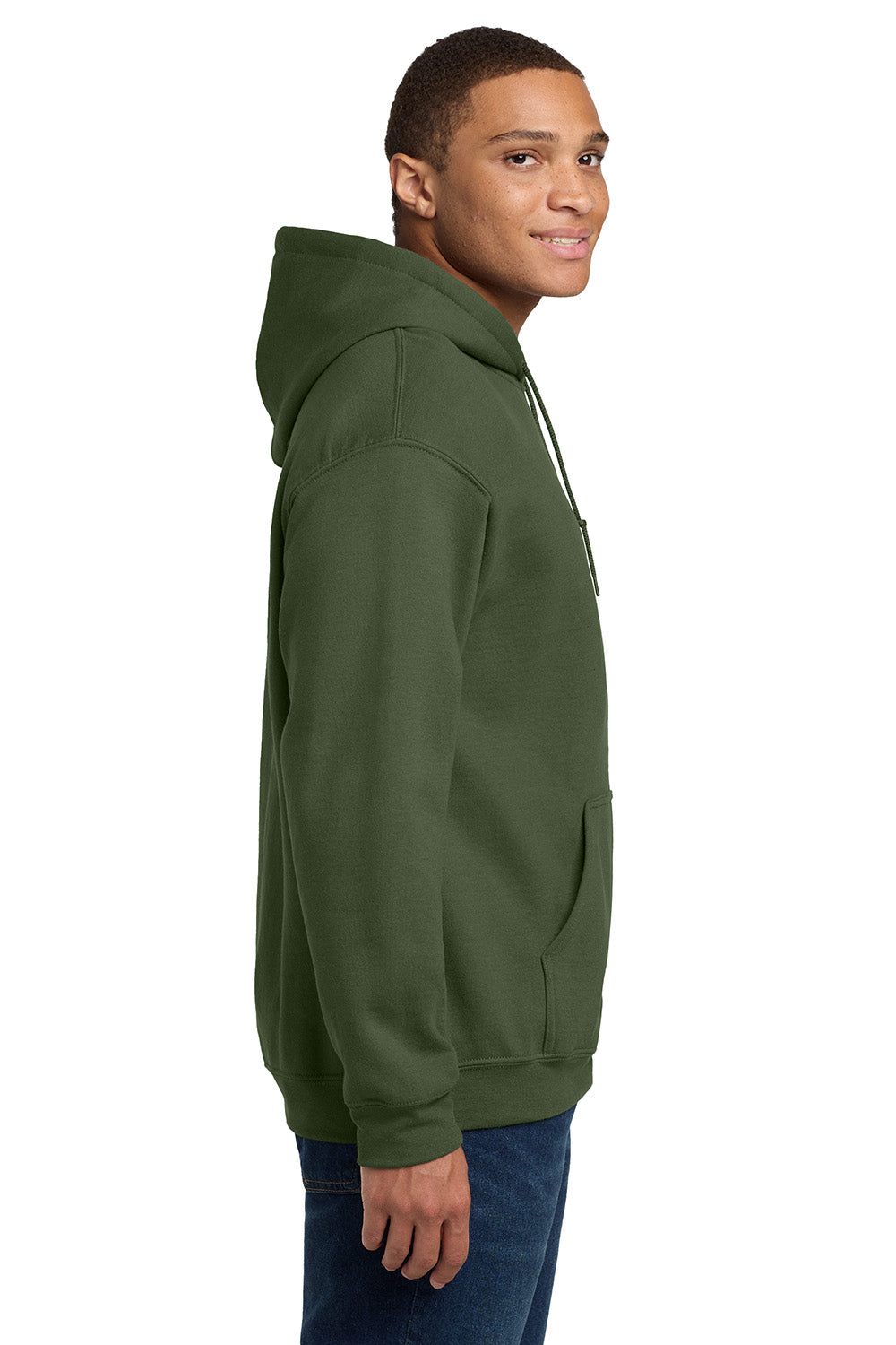 Gildan 18500/G185 Mens Pill Resistant Hooded Sweatshirt Hoodie w/ Pouch Pocket Military Green Model Side