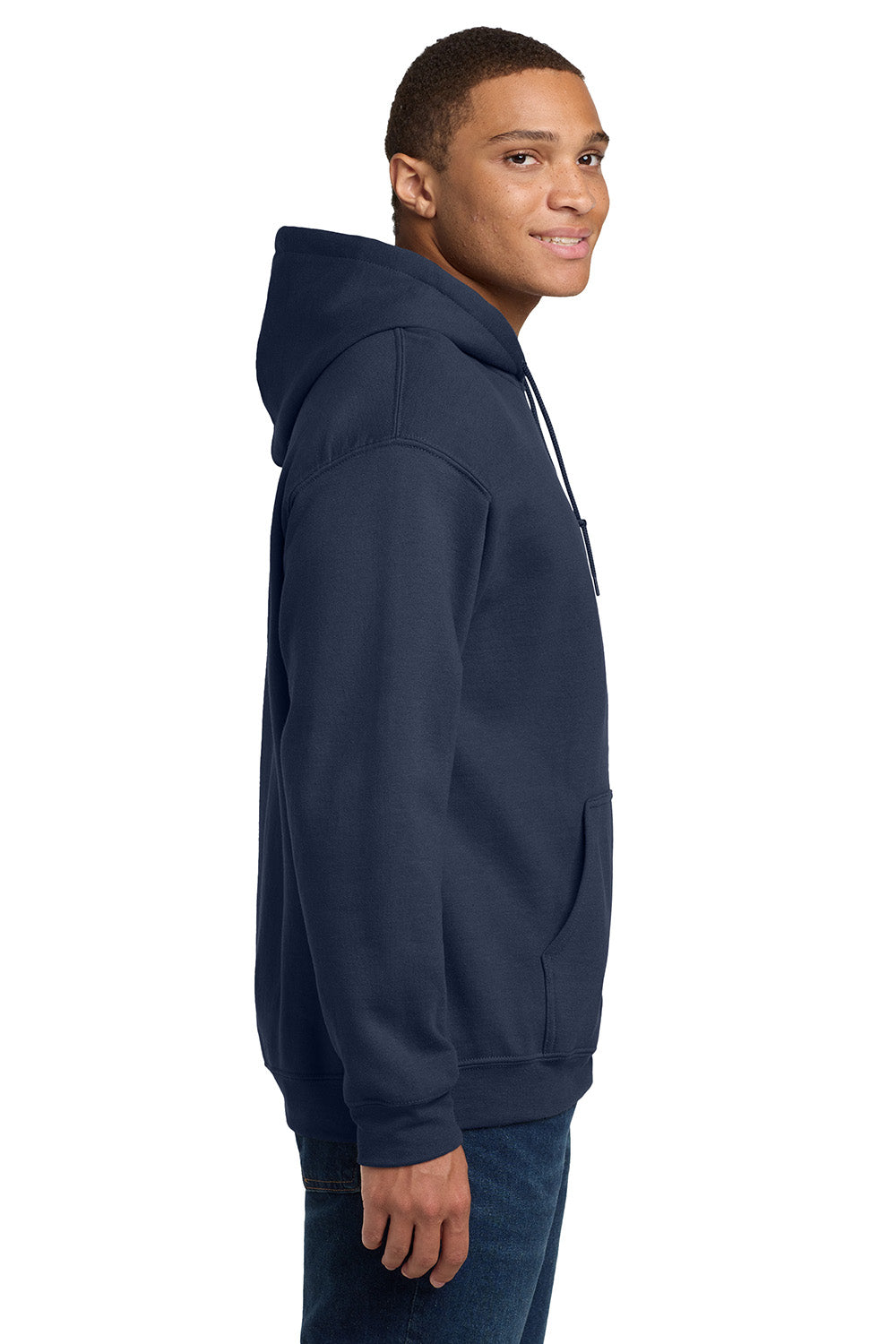 Gildan 18500/G185 Mens Pill Resistant Hooded Sweatshirt Hoodie w/ Pouch Pocket Navy Blue Model Side