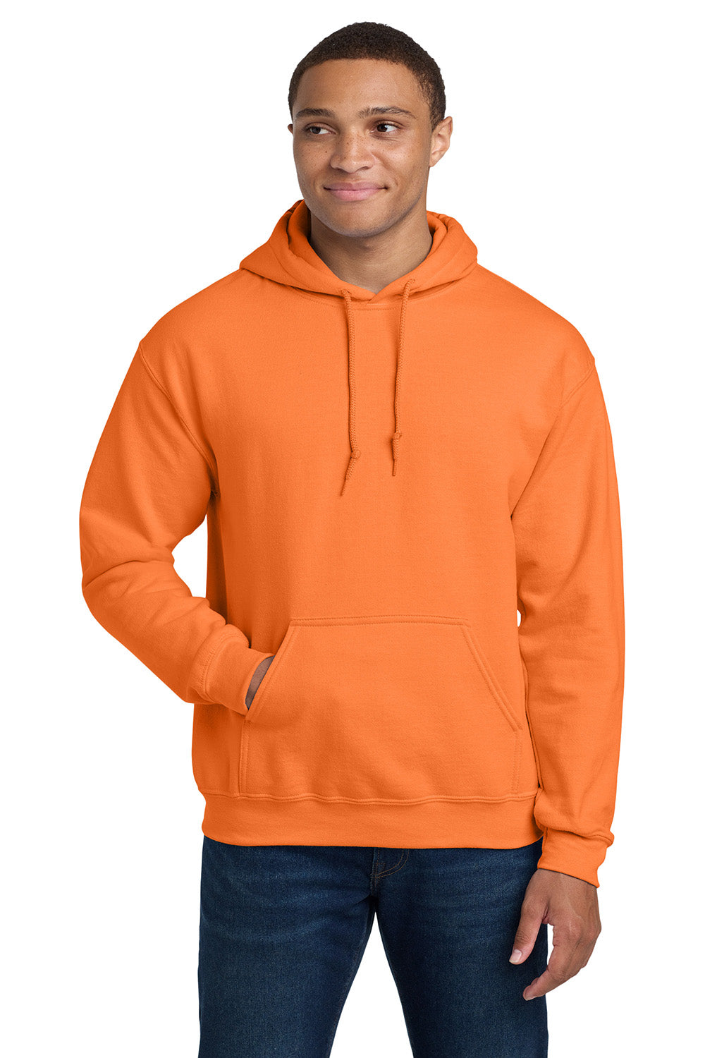 Gildan 18500/G185 Mens Pill Resistant Hooded Sweatshirt Hoodie w/ Pouch Pocket Safety Orange Model Front