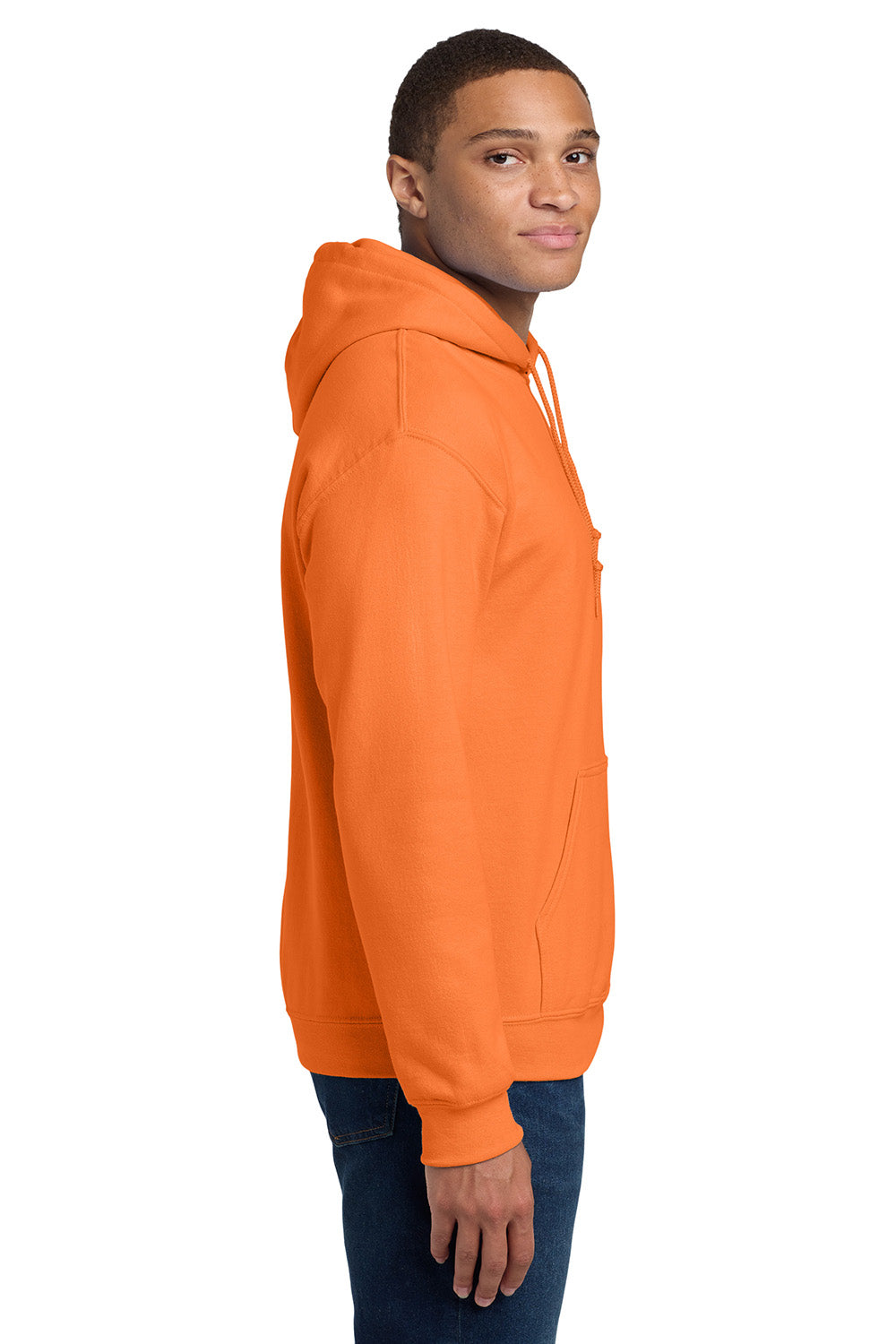 Gildan 18500/G185 Mens Pill Resistant Hooded Sweatshirt Hoodie w/ Pouch Pocket Safety Orange Model Side