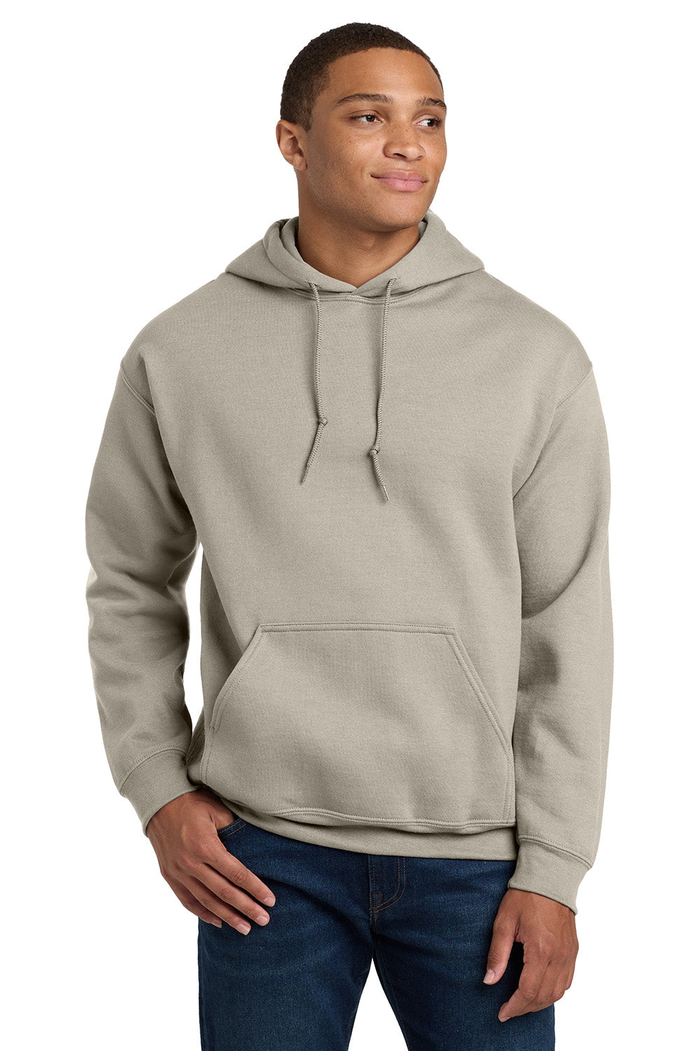 Gildan 18500/G185 Mens Pill Resistant Hooded Sweatshirt Hoodie w/ Pouch Pocket Sand Model Front