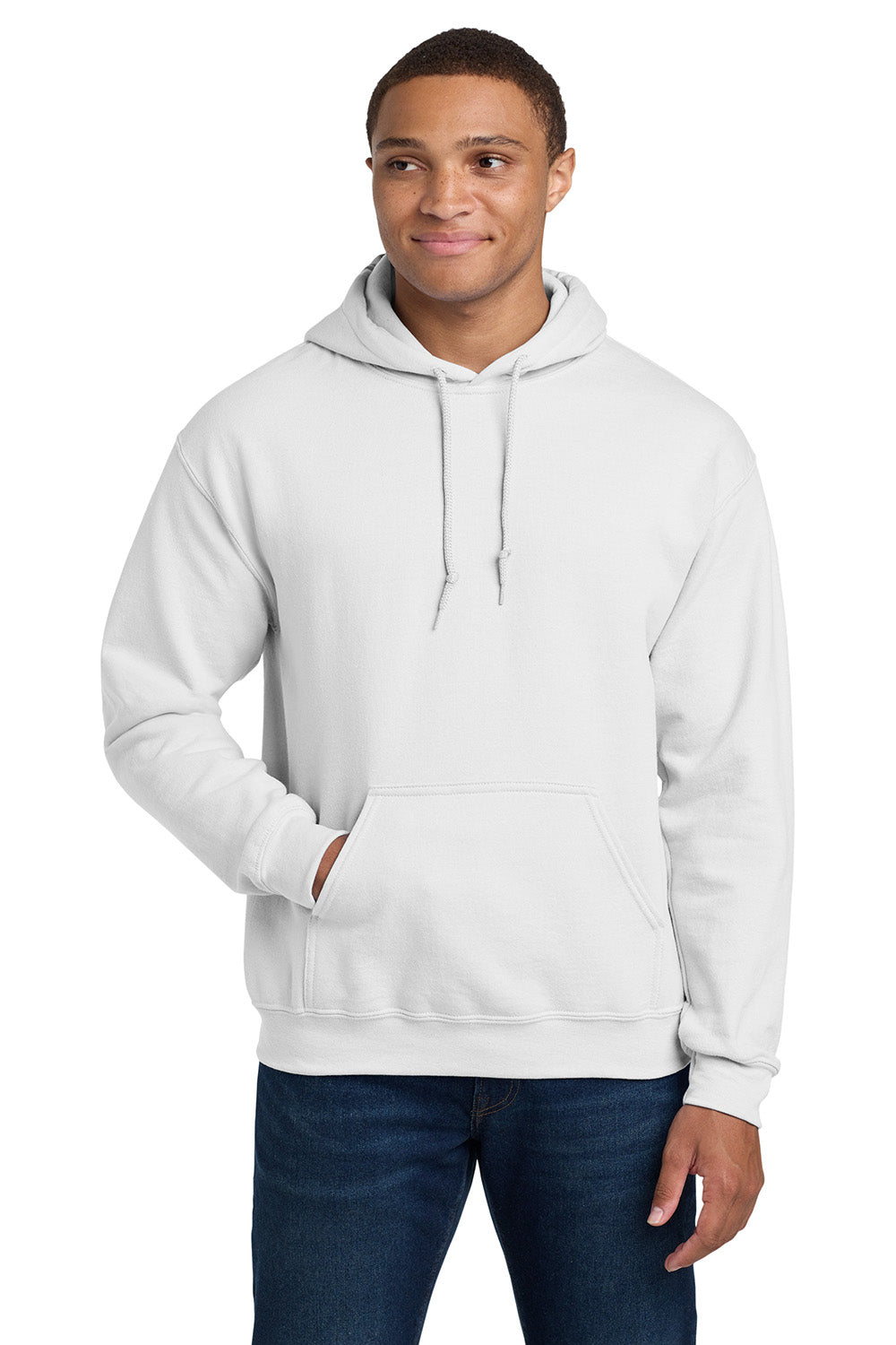 Gildan 18500/G185 Mens Pill Resistant Hooded Sweatshirt Hoodie w/ Pouch Pocket White Model Front