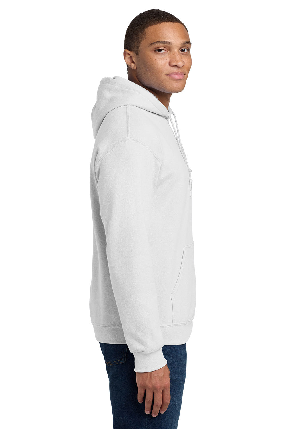 Gildan 18500/G185 Mens Pill Resistant Hooded Sweatshirt Hoodie w/ Pouch Pocket White Model Side