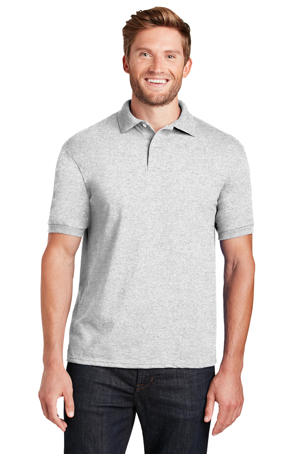 Hanes 054X/054 Mens EcoSmart Short Sleeve Polo Shirt Ash Grey Model Front