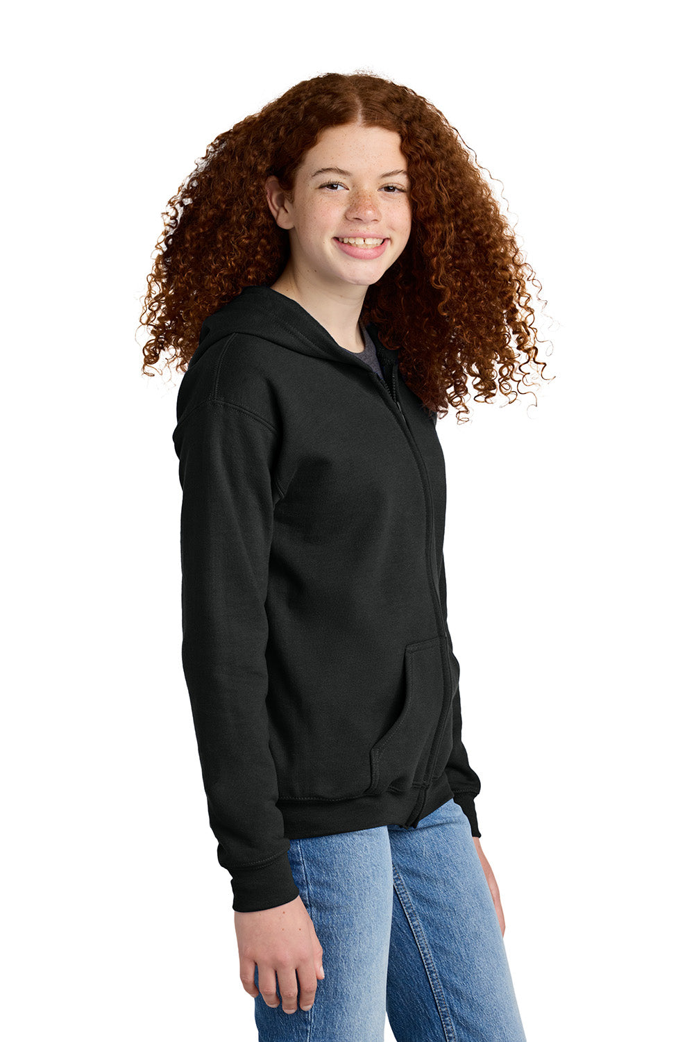 Gildan 18600B Youth Heavy Blend Full Zip Hooded Sweatshirt Hoodie w/ Pockets Black Model Side