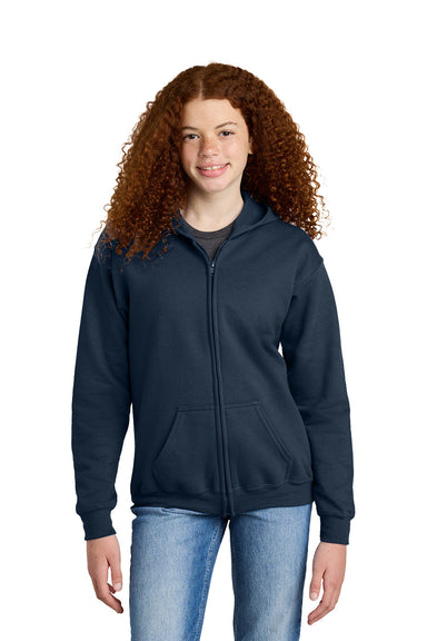 Gildan 18600B Youth Heavy Blend Full Zip Hooded Sweatshirt Hoodie Navy Blue Model Front