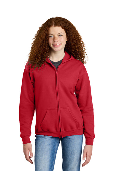 Gildan 18600B Youth Heavy Blend Full Zip Hooded Sweatshirt Hoodie Red Model Front