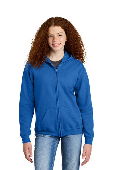 Gildan 18600B Youth Heavy Blend Full Zip Hooded Sweatshirt Hoodie w/ Pockets Royal Blue Model Front