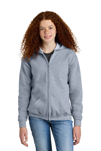 Gildan 18600B Youth Heavy Blend Full Zip Hooded Sweatshirt Hoodie Sport Grey Model Front