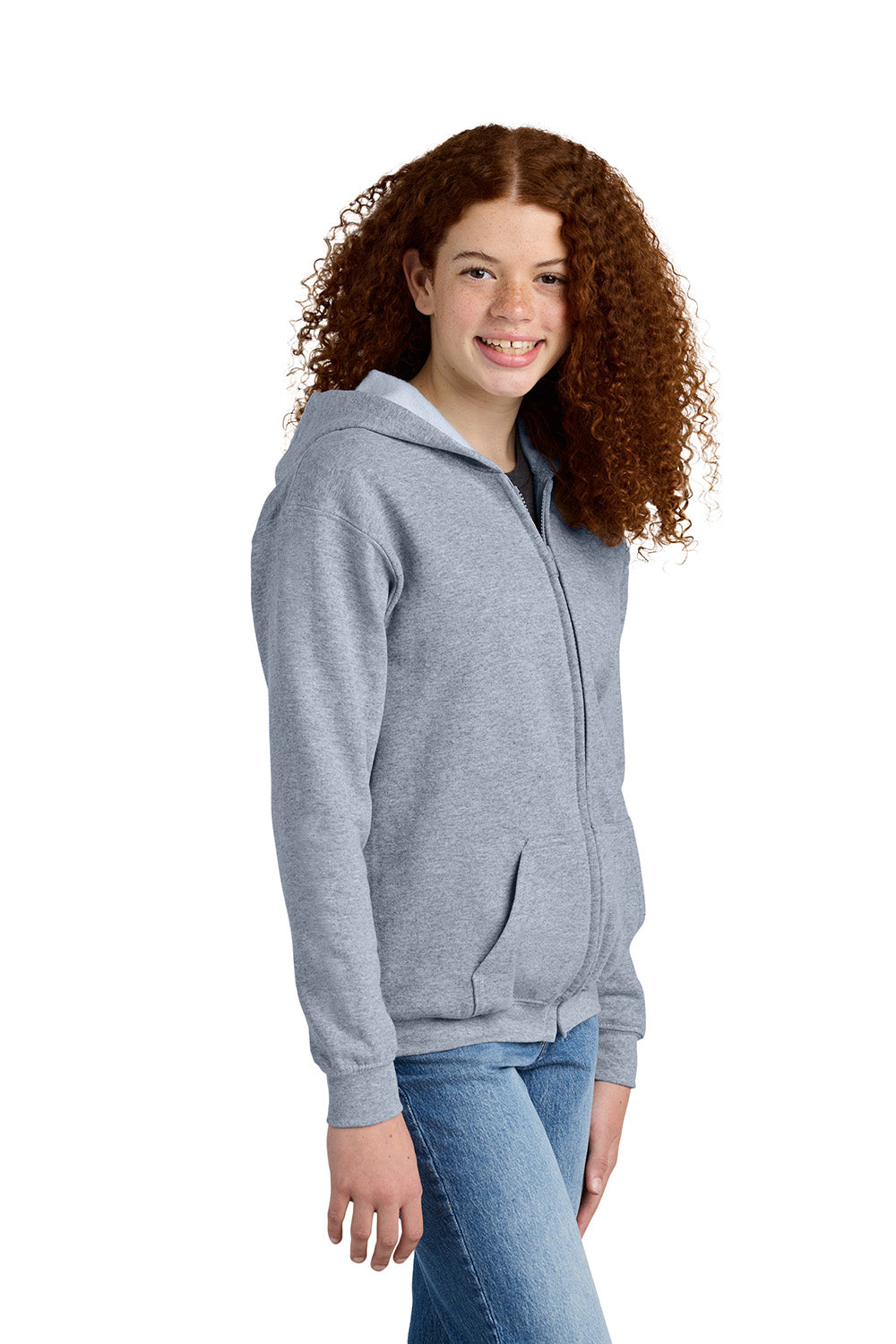 Gildan 18600B Youth Heavy Blend Full Zip Hooded Sweatshirt Hoodie w/ Pockets Sport Grey Model Side