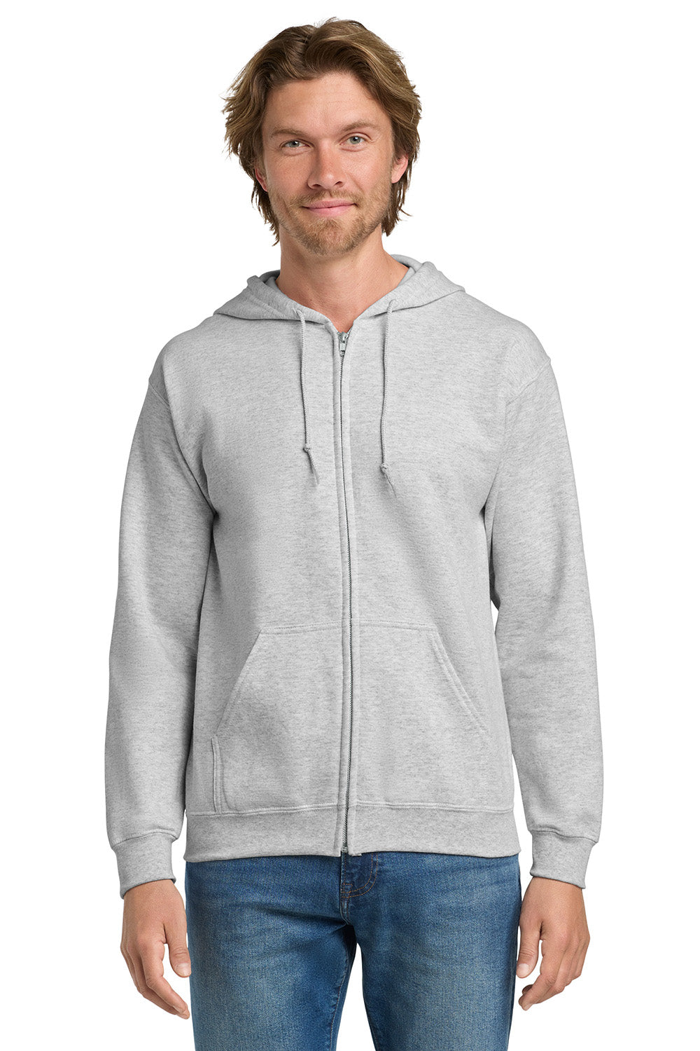 Gildan 18600/G186 Mens Pill Resistant Full Zip Hooded Sweatshirt Hoodie w/ Pockets Ash Grey Model Front