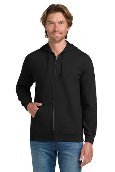 Gildan 18600/G186 Mens Pill Resistant Full Zip Hooded Sweatshirt Hoodie w/ Pockets Black Model Front