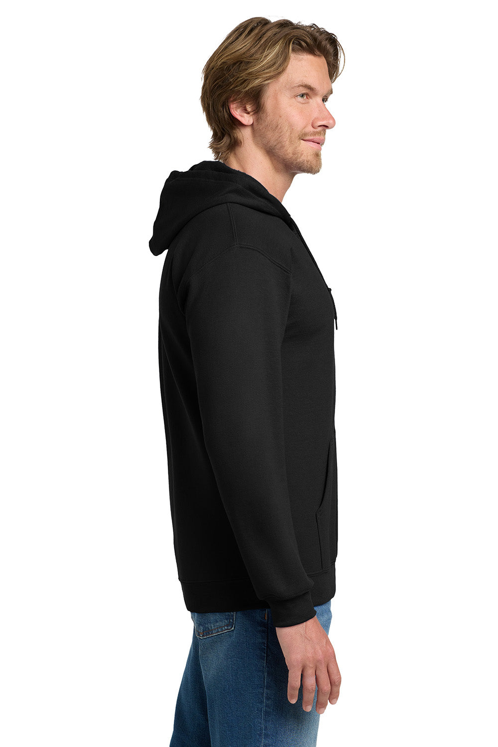 Gildan 18600/G186 Mens Pill Resistant Full Zip Hooded Sweatshirt Hoodie w/ Pockets Black Model Side