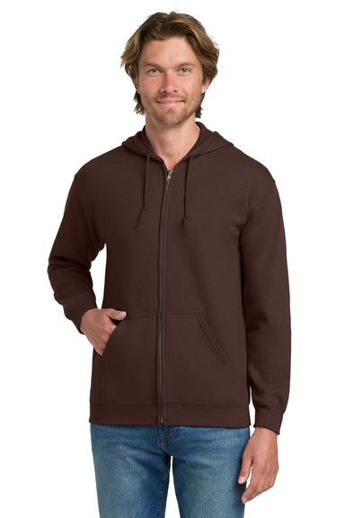 Gildan 18600/G186 Mens Pill Resistant Full Zip Hooded Sweatshirt Hoodie w/ Pockets Dark Chocolate Brown Model Front