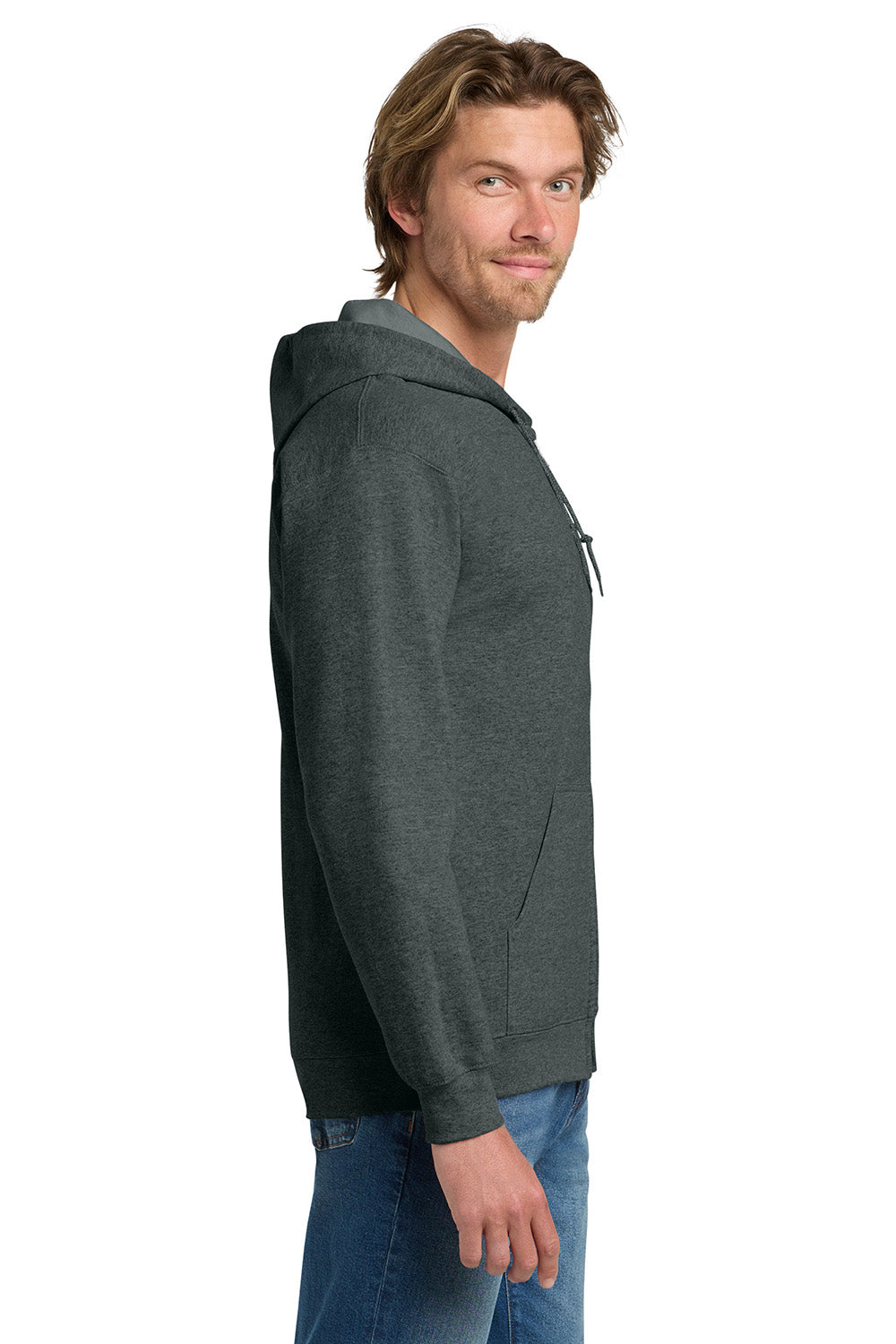 Gildan 18600/G186 Mens Pill Resistant Full Zip Hooded Sweatshirt Hoodie w/ Pockets Heather Dark Grey Model Side