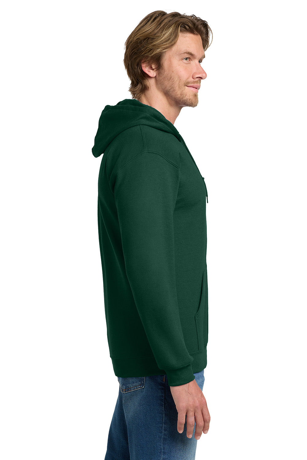 Gildan 18600/G186 Mens Pill Resistant Full Zip Hooded Sweatshirt Hoodie w/ Pockets Forest Green Model Side