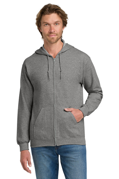 Gildan 18600/G186 Mens Pill Resistant Full Zip Hooded Sweatshirt Hoodie w/ Pockets Heather Graphite Grey Model Front