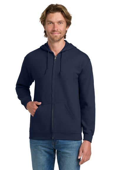 Gildan 18600/G186 Mens Pill Resistant Full Zip Hooded Sweatshirt Hoodie w/ Pockets Navy Blue Model Front