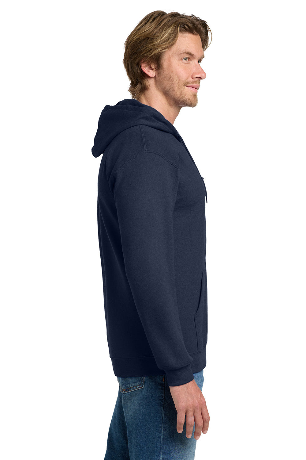 Gildan 18600/G186 Mens Pill Resistant Full Zip Hooded Sweatshirt Hoodie w/ Pockets Navy Blue Model Side