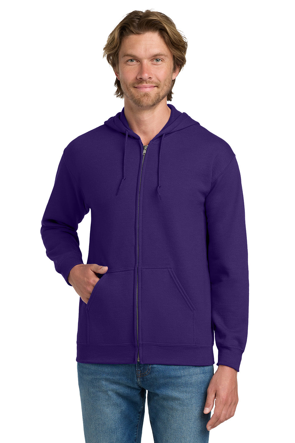 Gildan 18600/G186 Mens Pill Resistant Full Zip Hooded Sweatshirt Hoodie w/ Pockets Purple Model Front