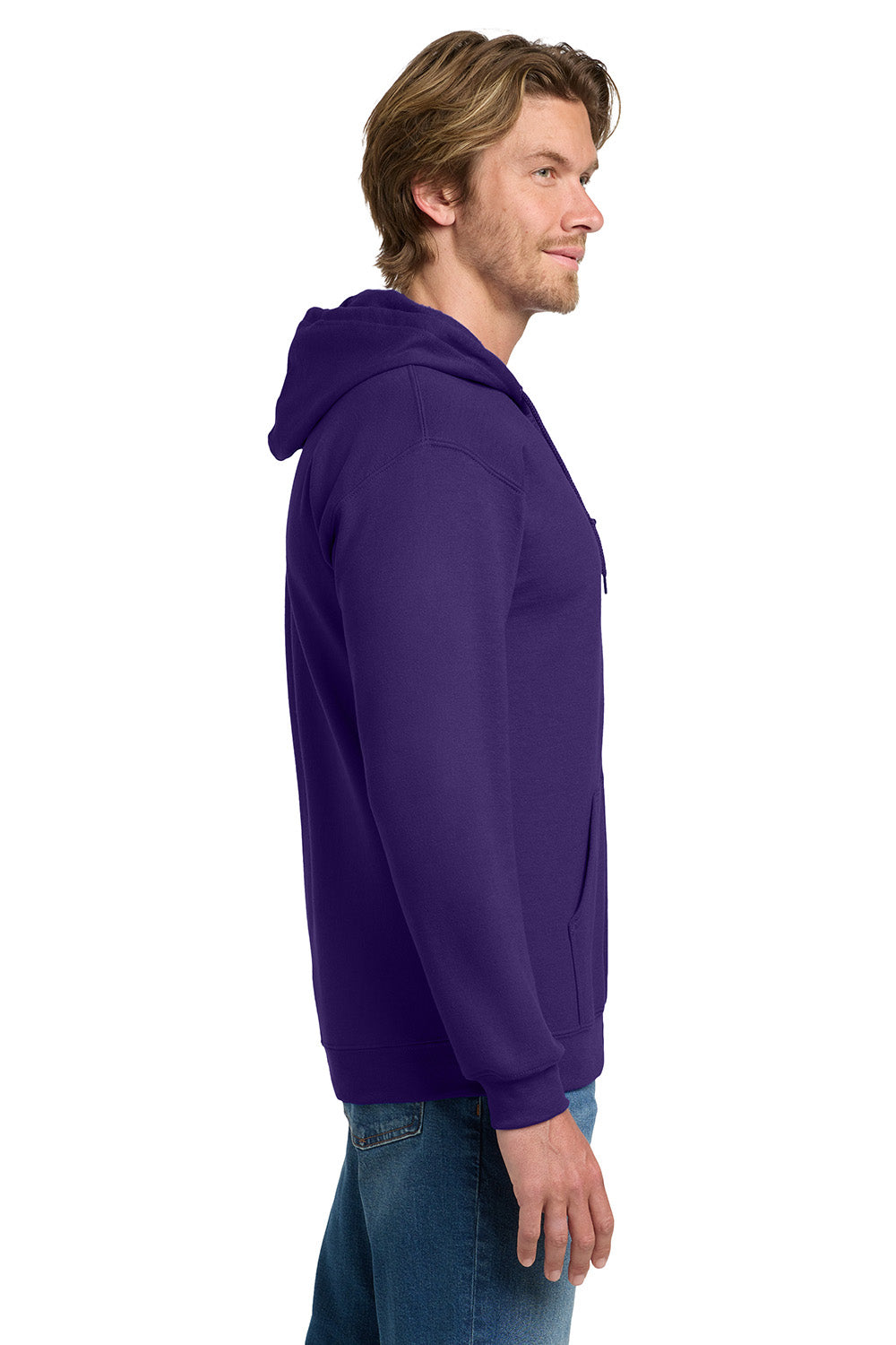 Gildan 18600/G186 Mens Pill Resistant Full Zip Hooded Sweatshirt Hoodie w/ Pockets Purple Model Side