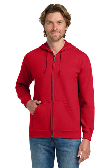 Gildan 18600/G186 Mens Pill Resistant Full Zip Hooded Sweatshirt Hoodie w/ Pockets Red Model Front