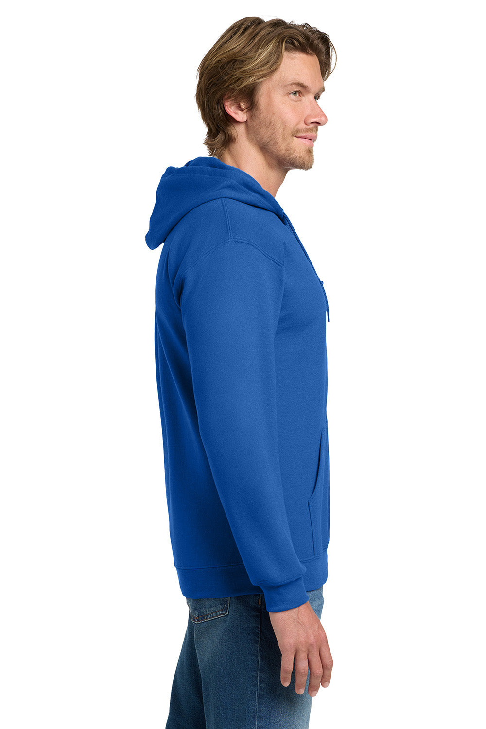 Gildan 18600/G186 Mens Pill Resistant Full Zip Hooded Sweatshirt Hoodie w/ Pockets Royal Blue Model Side