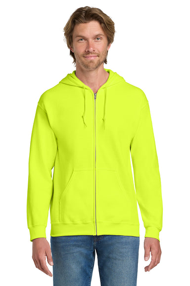 Gildan 18600/G186 Mens Pill Resistant Full Zip Hooded Sweatshirt Hoodie w/ Pockets Safety Green Model Front