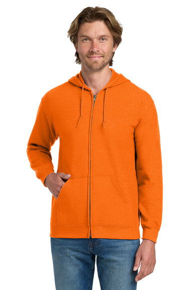 Gildan 18600/G186 Mens Pill Resistant Full Zip Hooded Sweatshirt Hoodie w/ Pockets Safety Orange Model Front