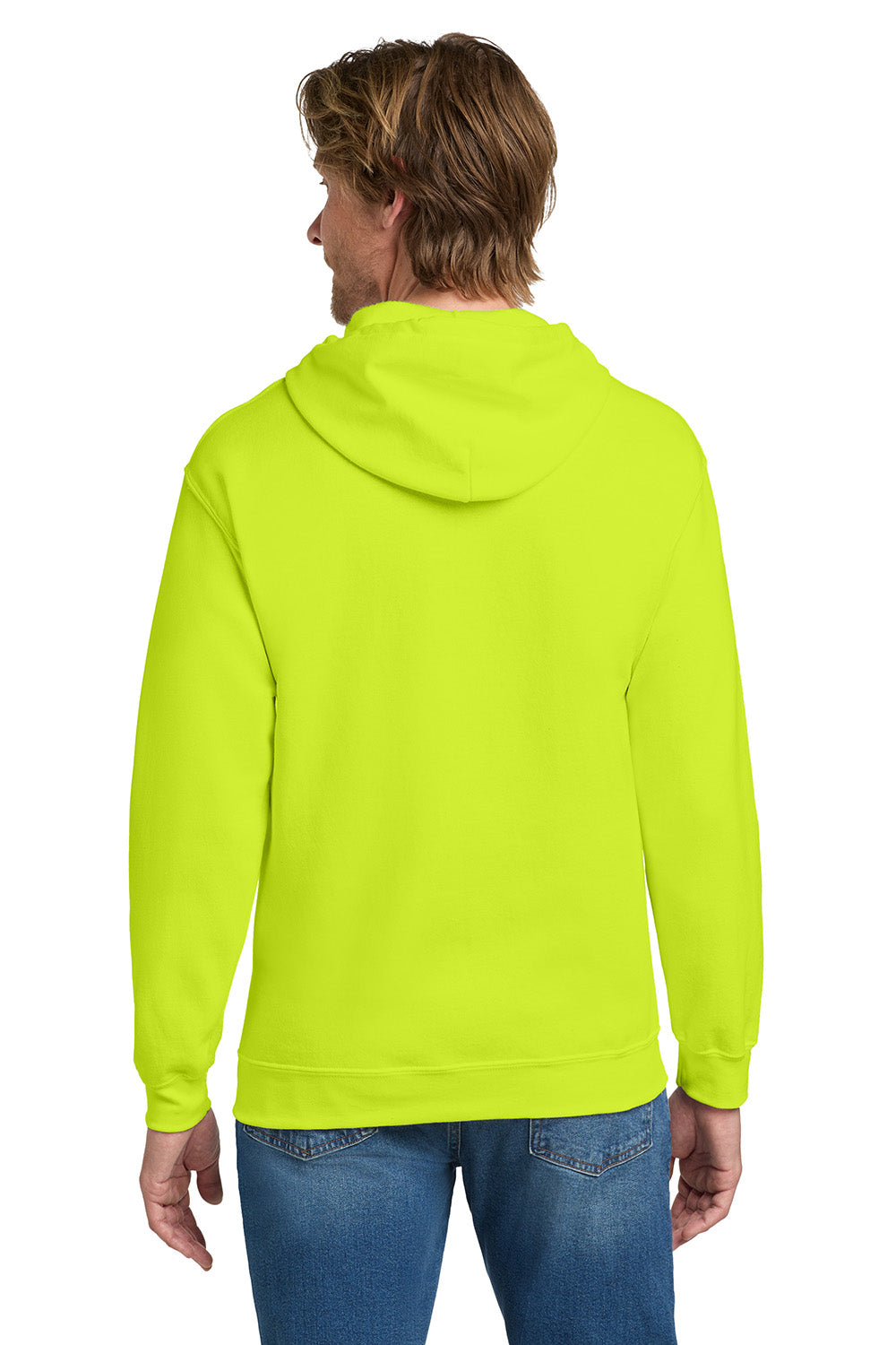 Gildan 18600/G186 Mens Pill Resistant Full Zip Hooded Sweatshirt Hoodie w/ Pockets Safety Green Model Back