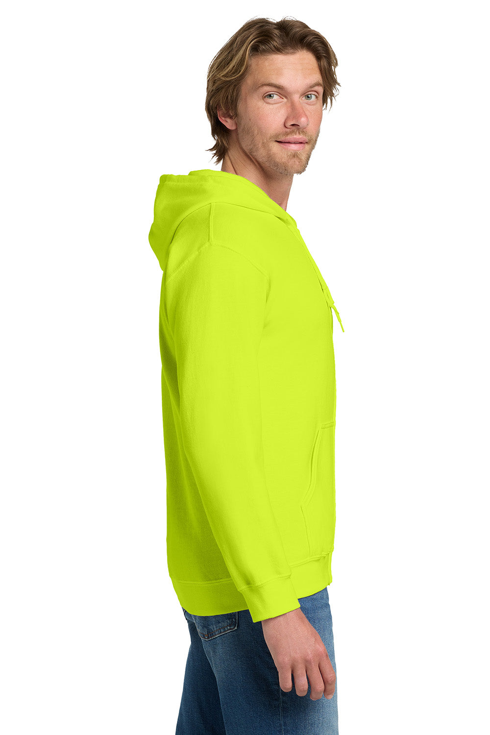 Gildan 18600/G186 Mens Pill Resistant Full Zip Hooded Sweatshirt Hoodie w/ Pockets Safety Green Model Side