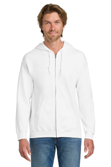 Gildan 18600/G186 Mens Pill Resistant Full Zip Hooded Sweatshirt Hoodie w/ Pockets White Model Front