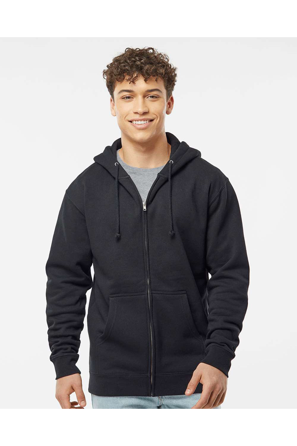 Independent Trading Co. IND4000Z Mens Full Zip Hooded Sweatshirt Hoodie Black Model Front