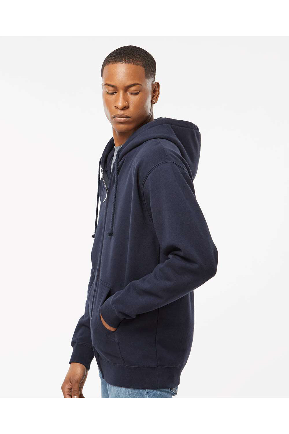 Independent Trading Co. IND4000Z Mens Full Zip Hooded Sweatshirt Hoodie Navy Blue Model Side