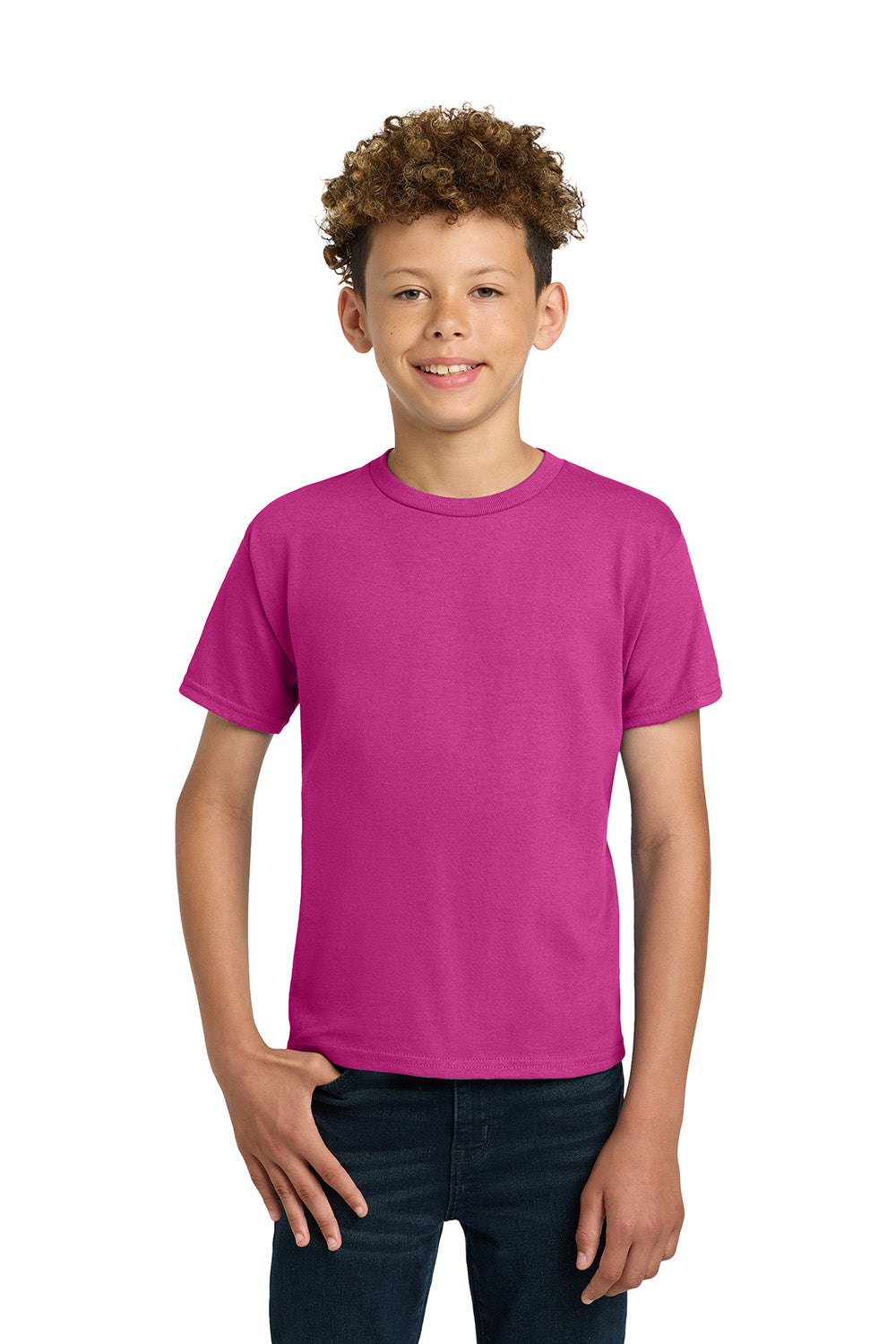 Gildan 2000B/G200B Youth Ultra Short Sleeve Crewneck T-Shirt Heliconia Pink Model Front